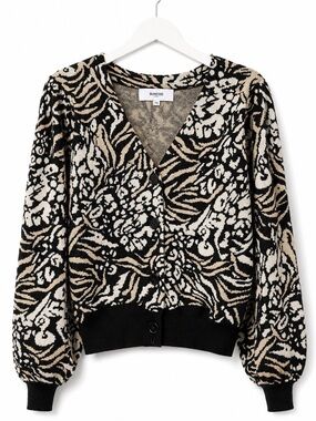 Suncoo Paris Floral Jacquard Metallic Puff Sleeve Cardigan Sweater Animal Print